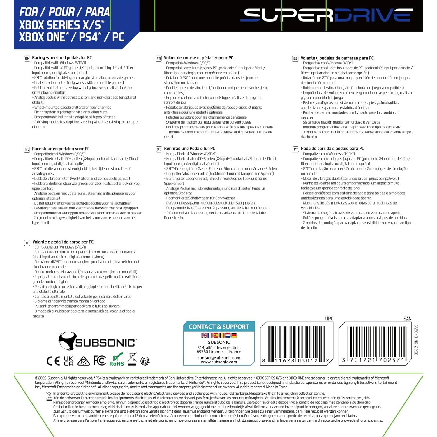 Volante SUBSONIC SV950 con pedales para Xbox y PS4