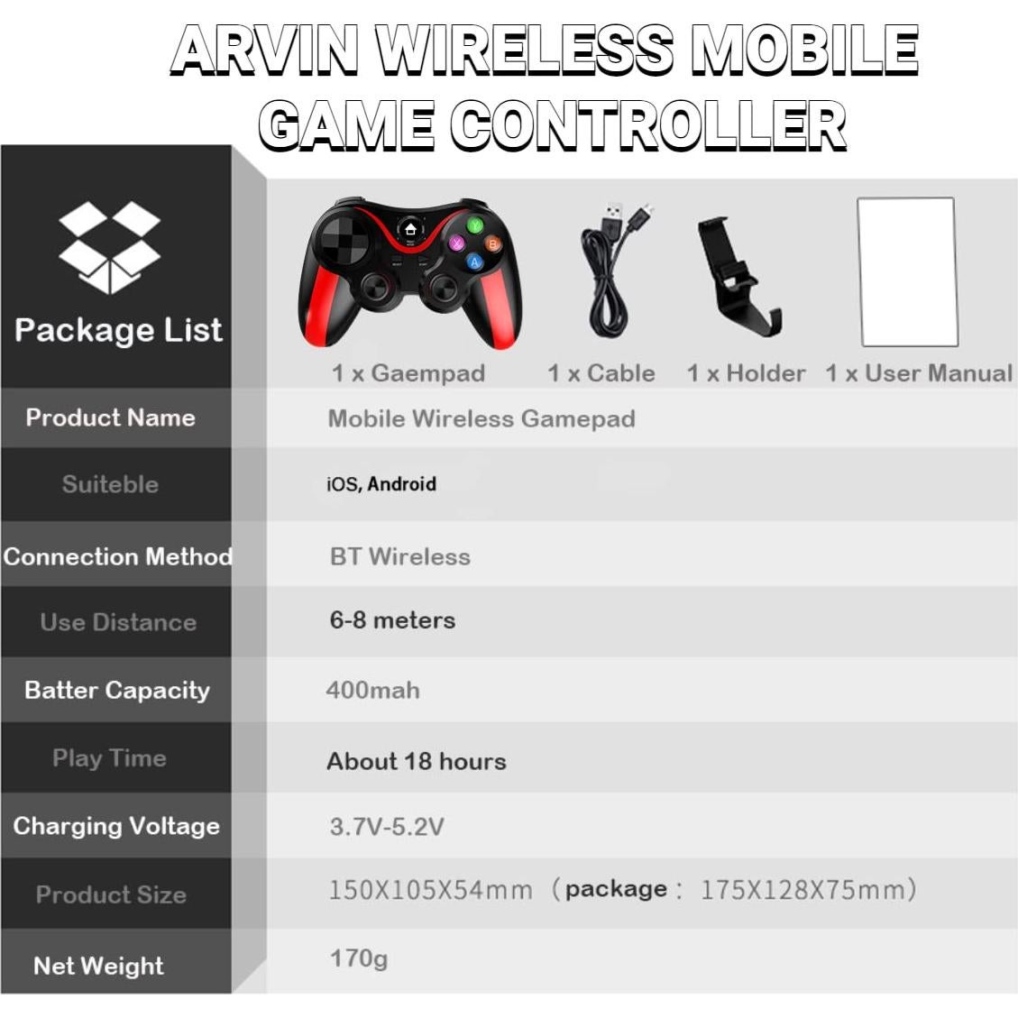 Controlador de Juego Móvil arVin para iPhone y Android Rojo