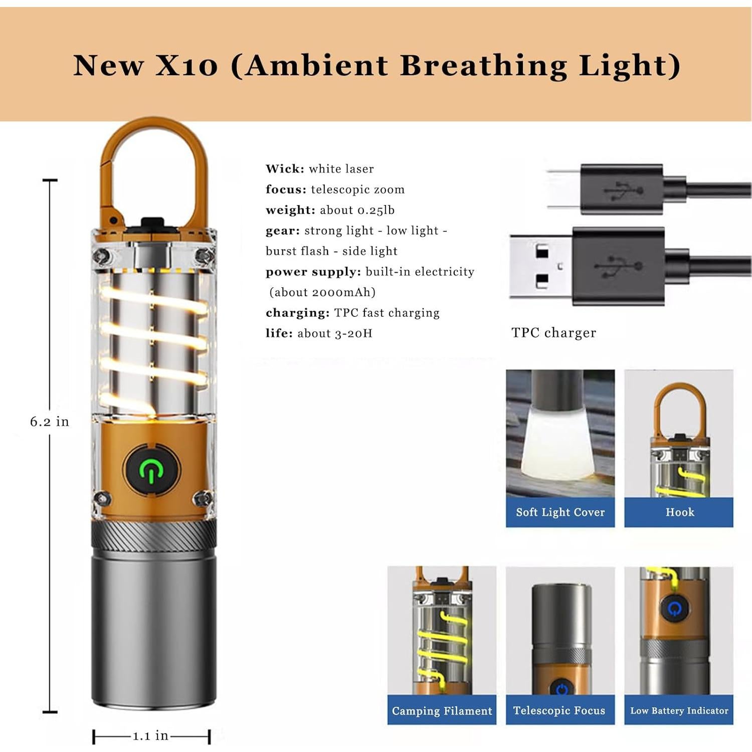 Linterna LED Recargable 100000 Lúmenes 6 Modos Naranja