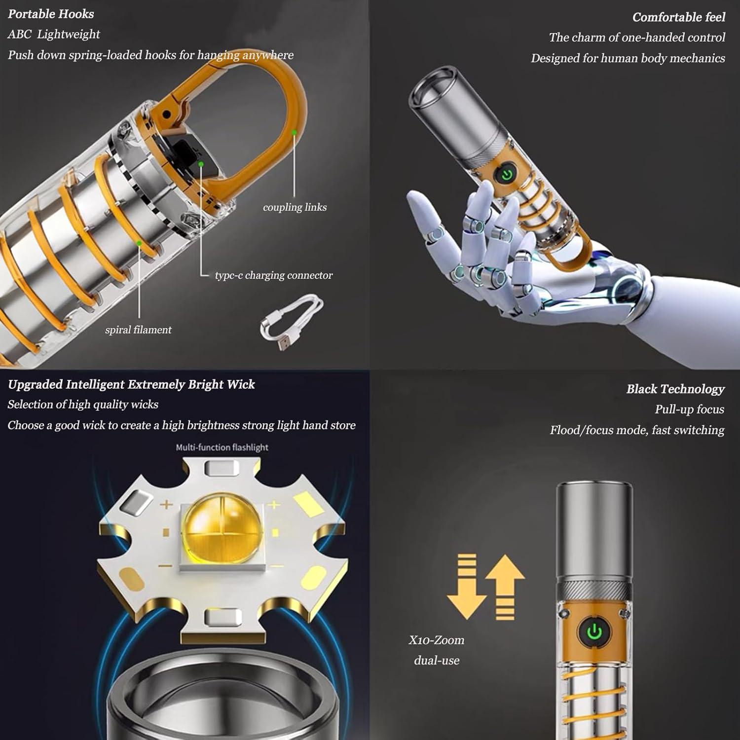 Linterna LED Recargable 100000 Lúmenes 6 Modos Naranja