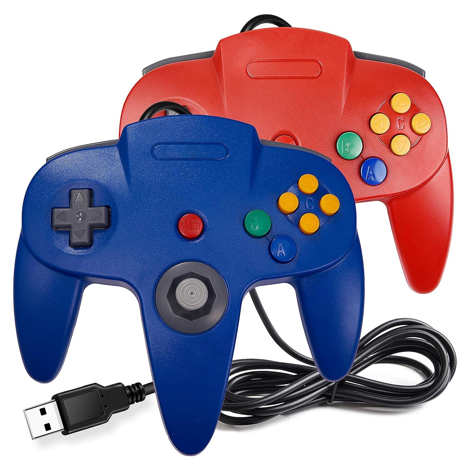SAFFUN (USB Version) for PC USB N64 controller, N64 Style Game pad Joystick for Windows PC Mac Linux Raspberry Pi Retropie Emulator - Plug & Play (Red & Blue)