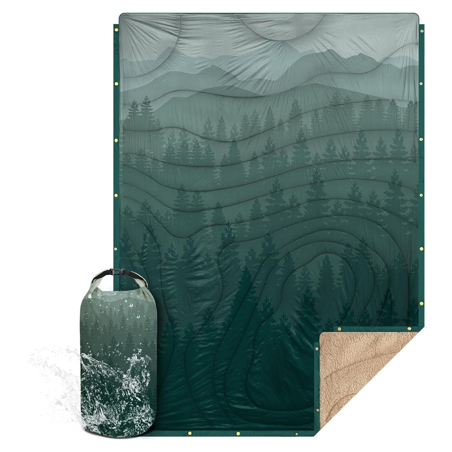 Outdoor Camping Blanket with Sherpa Lining, Extra Warm Thick Camp Blankets and Puffy Ultralight Soft Poncho DWR Camping Quilt for Cold Weather, Adventure, Sleeping, Backpacking 78"x 56"