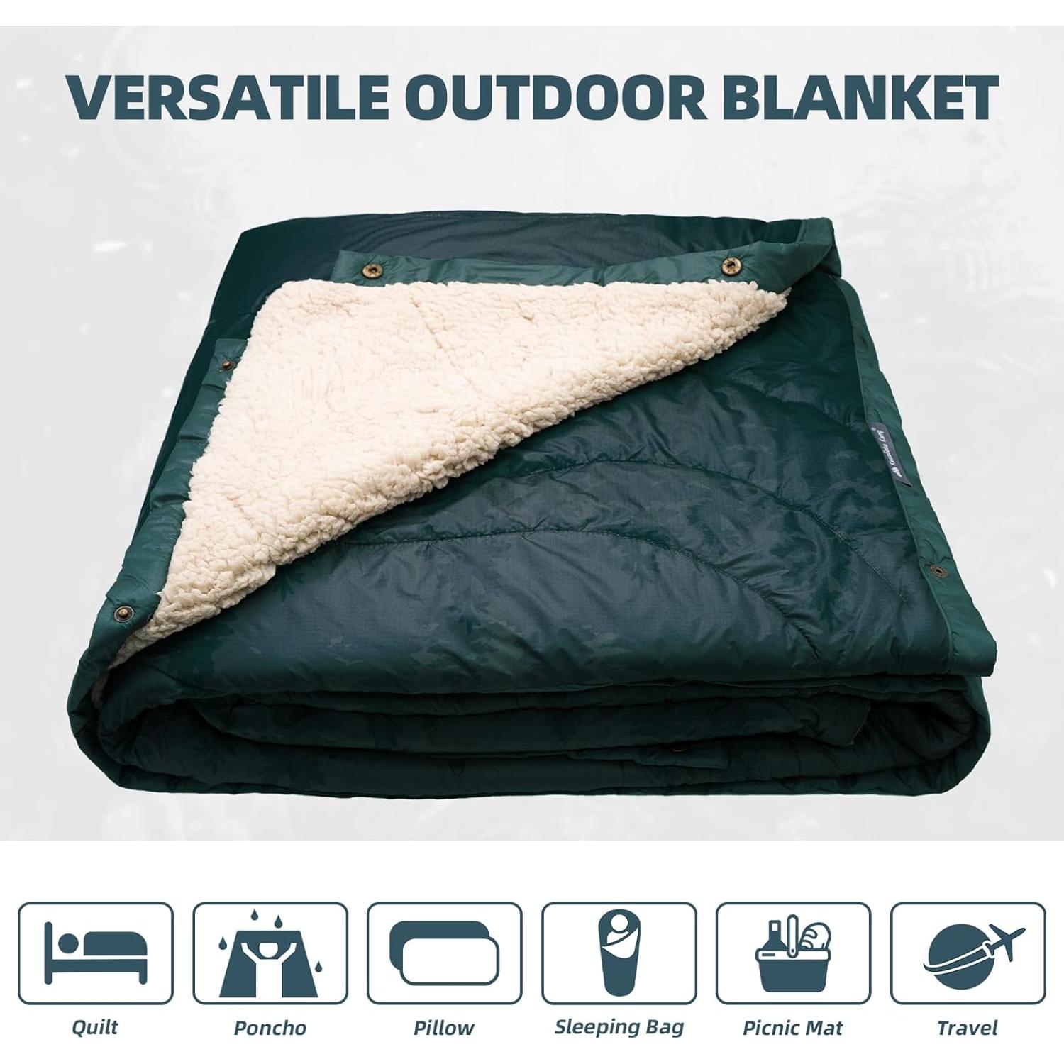 Outdoor Camping Blanket with Sherpa Lining, Extra Warm Thick Camp Blankets and Puffy Ultralight Soft Poncho DWR Camping Quilt for Cold Weather, Adventure, Sleeping, Backpacking 78"x 56"