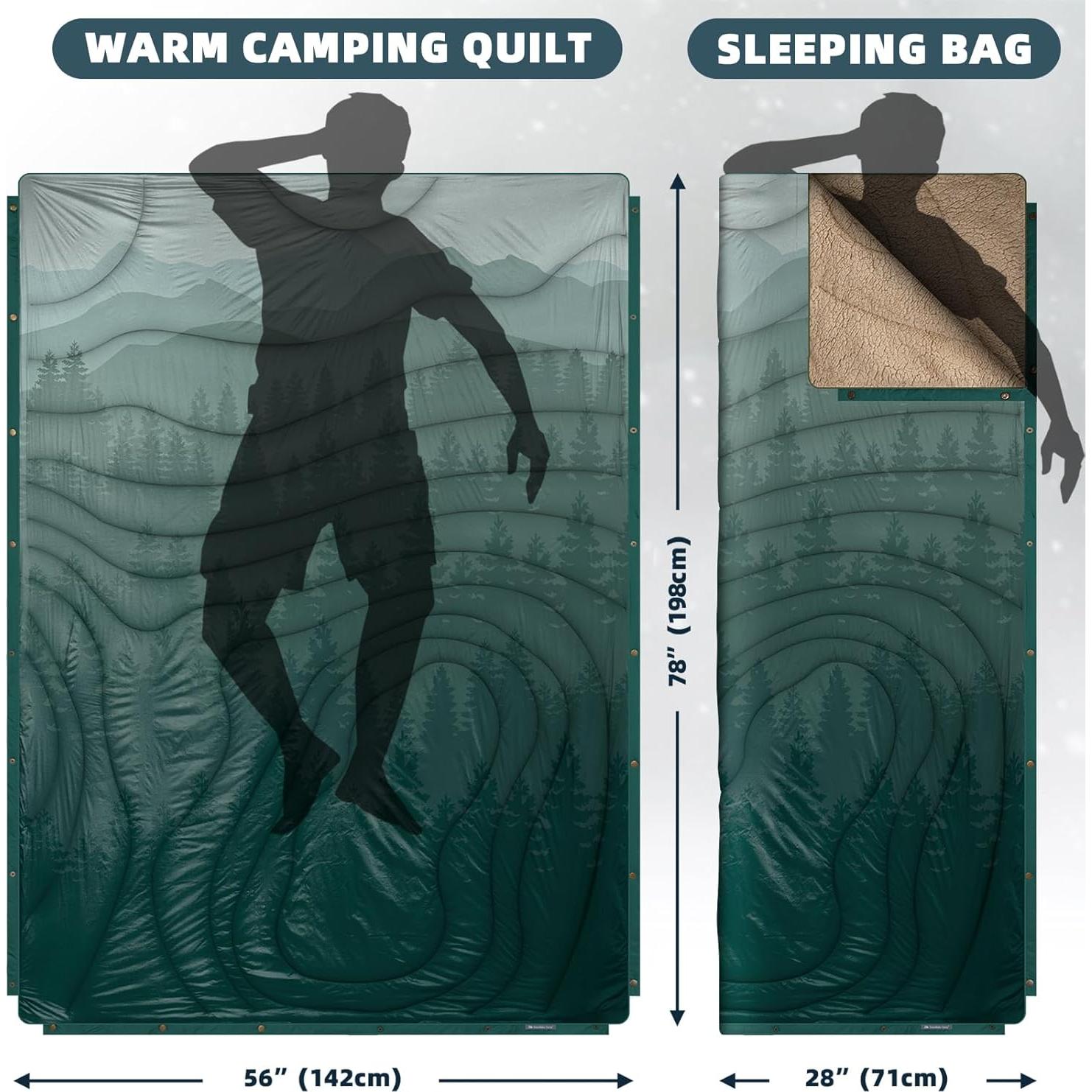 Outdoor Camping Blanket with Sherpa Lining, Extra Warm Thick Camp Blankets and Puffy Ultralight Soft Poncho DWR Camping Quilt for Cold Weather, Adventure, Sleeping, Backpacking 78"x 56"