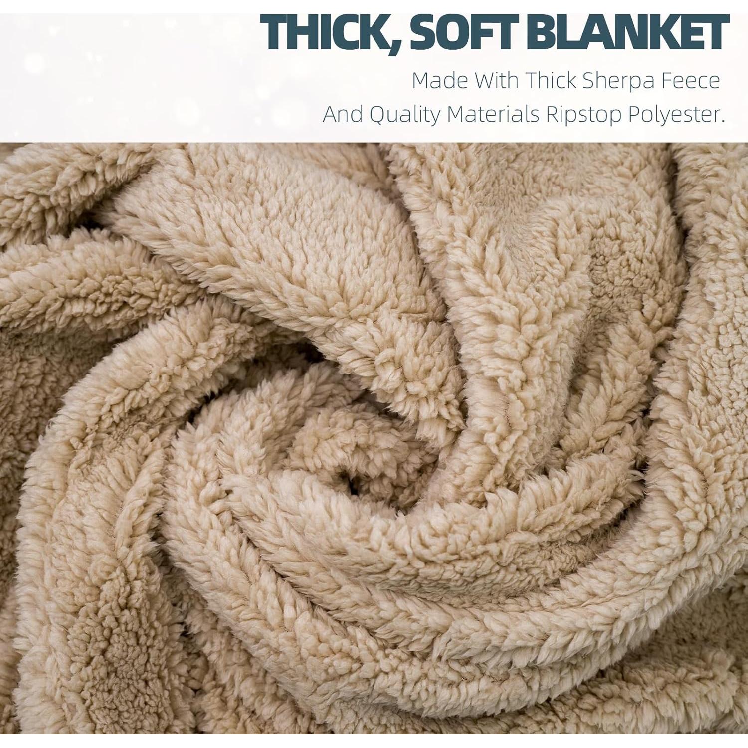 Outdoor Camping Blanket with Sherpa Lining, Extra Warm Thick Camp Blankets and Puffy Ultralight Soft Poncho DWR Camping Quilt for Cold Weather, Adventure, Sleeping, Backpacking 78"x 56"