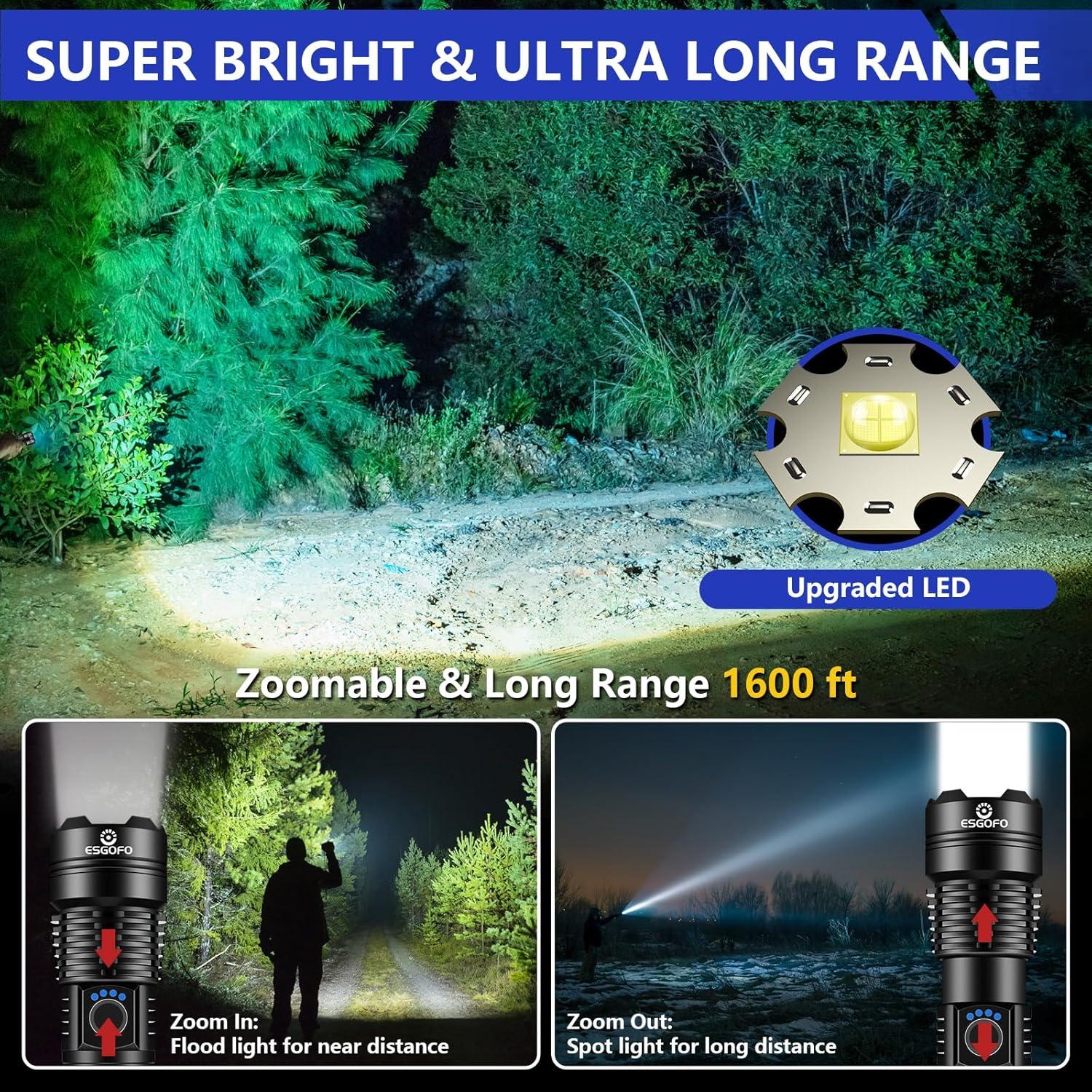 Esgofo Flashlights High Lumens 10000 Rechargeable, Super Bright Handheld LED Flash Light, Powerful Emergency Linternas, Waterproof, Long Lasting, for Hiking Camping Gift