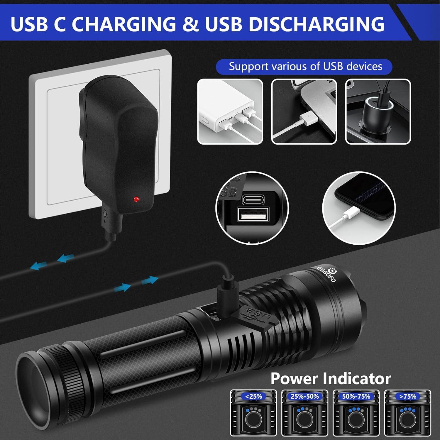 Esgofo Flashlights High Lumens 10000 Rechargeable, Super Bright Handheld LED Flash Light, Powerful Emergency Linternas, Waterproof, Long Lasting, for Hiking Camping Gift