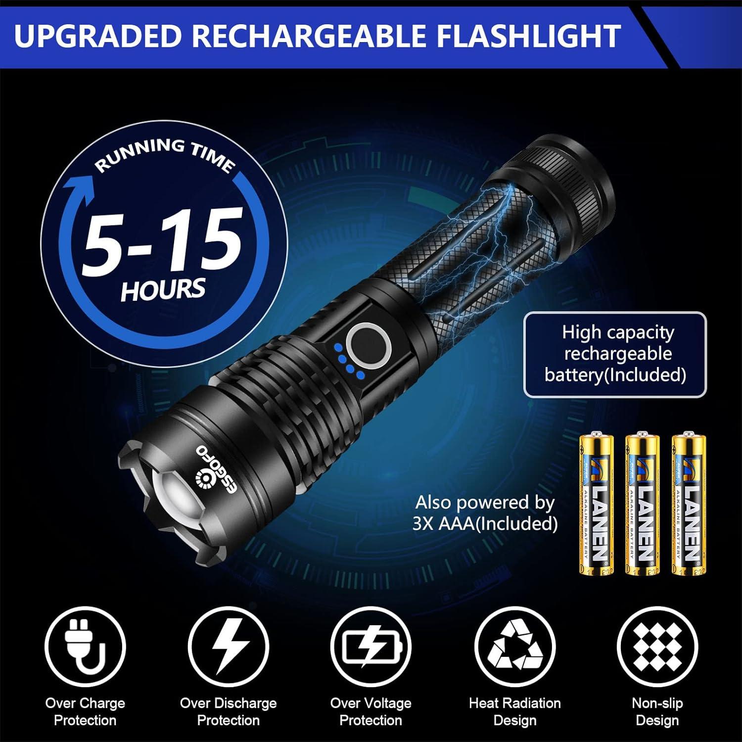 Esgofo Flashlights High Lumens 10000 Rechargeable, Super Bright Handheld LED Flash Light, Powerful Emergency Linternas, Waterproof, Long Lasting, for Hiking Camping Gift