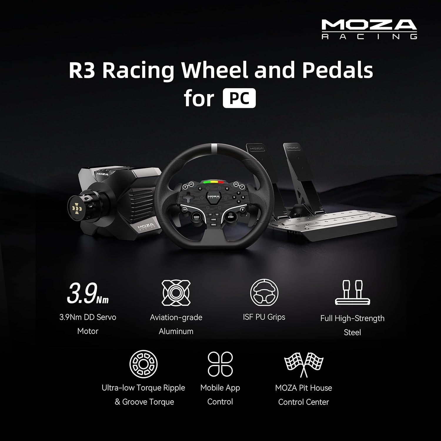 MOZA R3 Racing Wheel and Pedals Bundle for PC, 3.9Nm Direct Drive WheelBase,11-inch ES Lite Steering Wheel,Pedals and Desk Clamp High-Performance Game Racing Simulator for PC User
