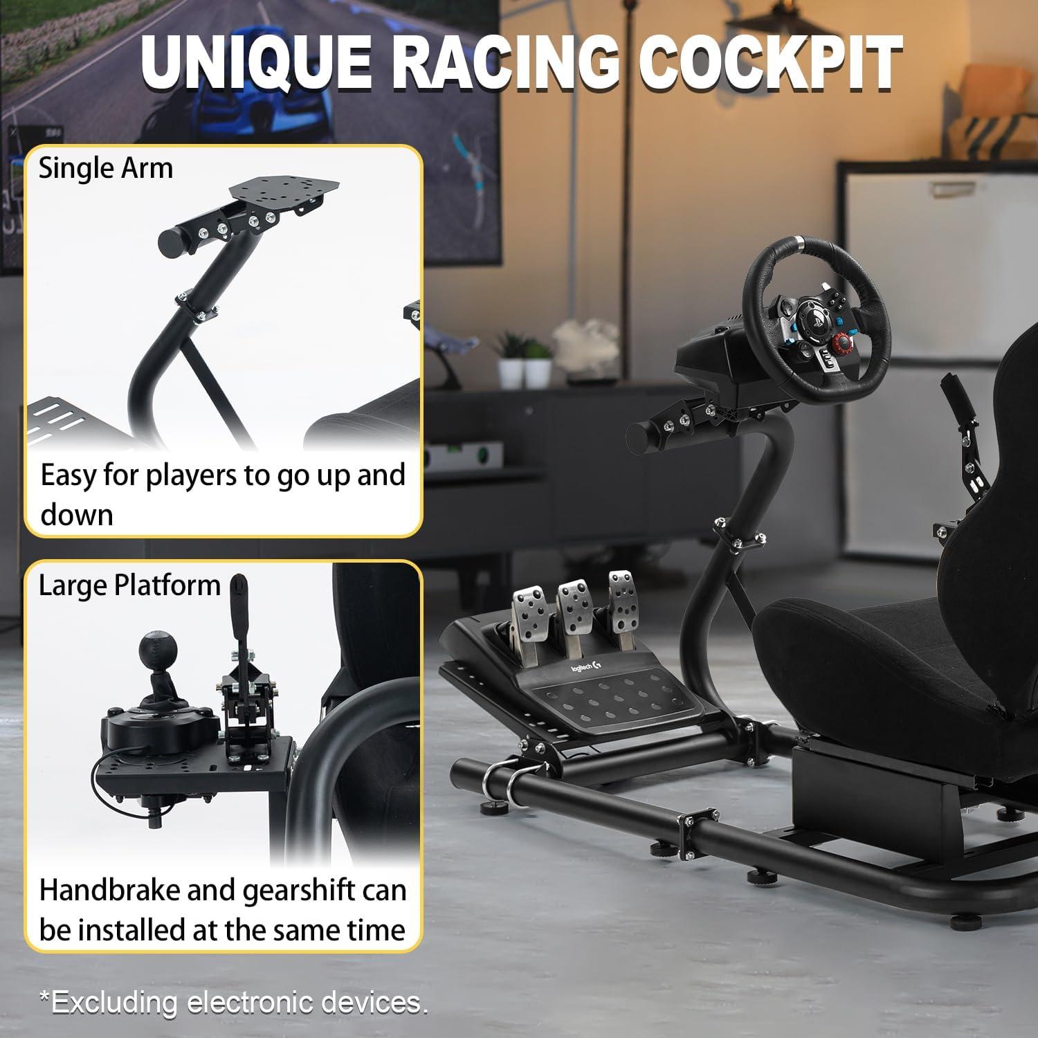 Marada Racing Sim Cockpit with Black Seat Fit for Logitech/Thrustmaster/Fanatec/PXN G29, Adjustable Gaming Simulator Stand, Wheel,Pedal & Shifter Not Include