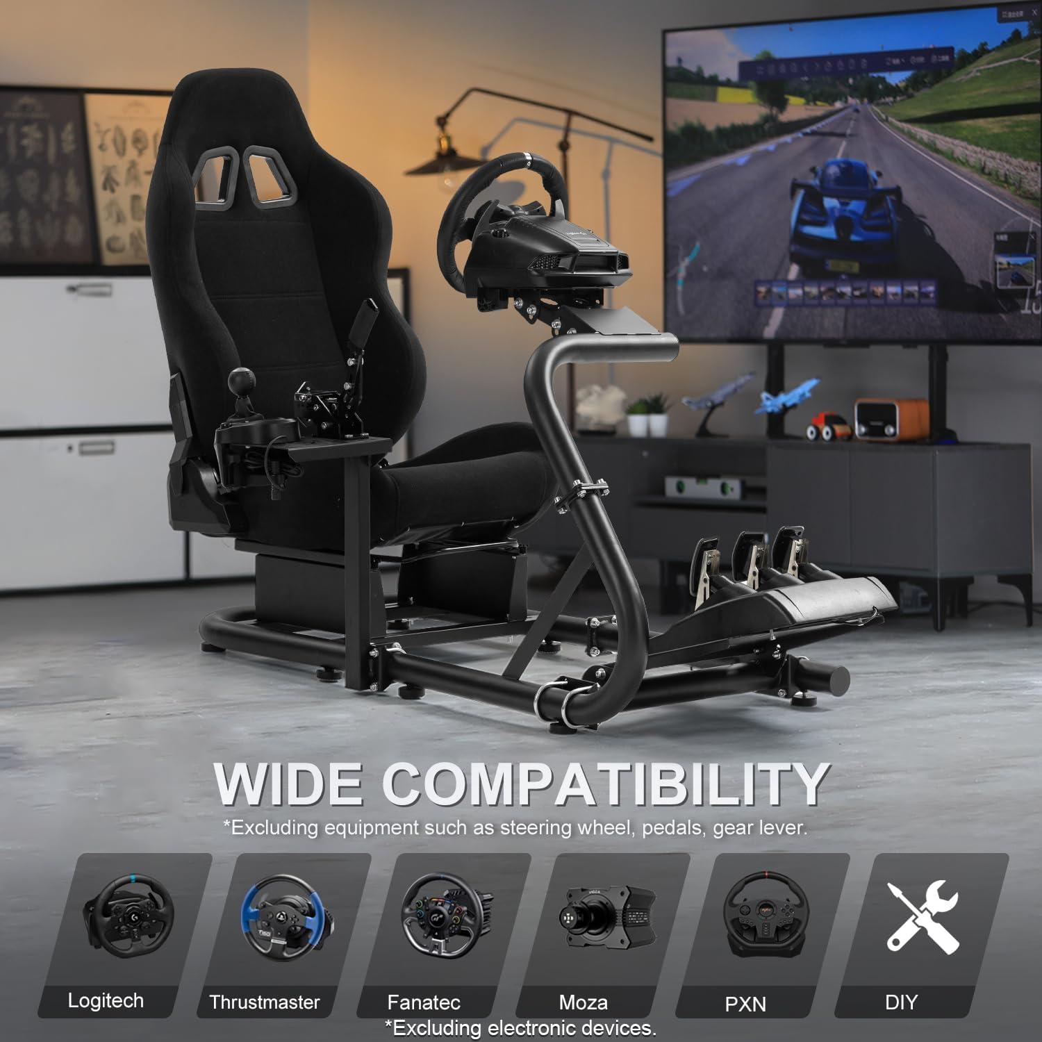 Marada Racing Sim Cockpit with Black Seat Fit for Logitech/Thrustmaster/Fanatec/PXN G29, Adjustable Gaming Simulator Stand, Wheel,Pedal & Shifter Not Include