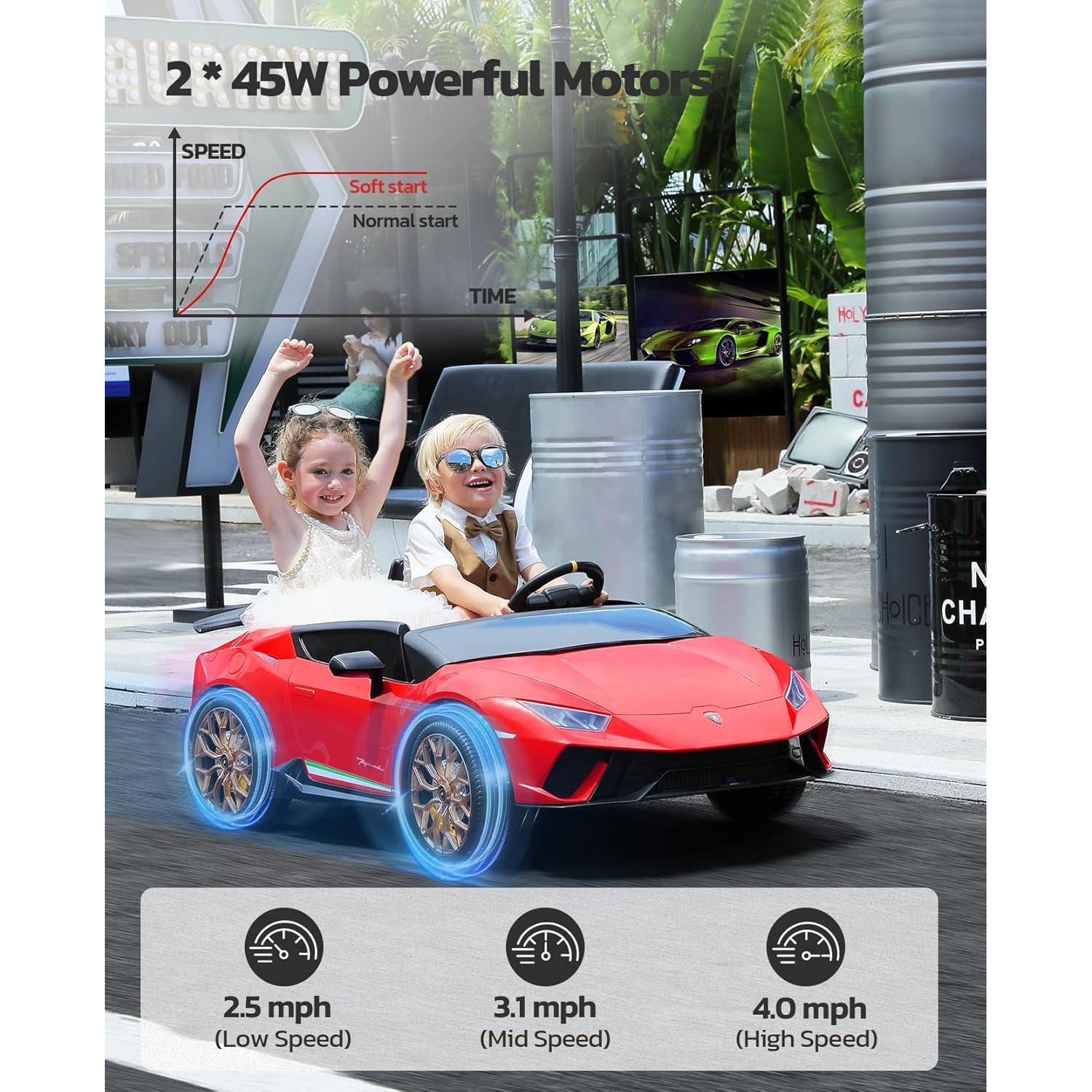 ELEMARA Lamborghini 2 Seater Ride on Car, 12V10Ah Big Cars for Kids to Drive, 4.0 mph, Max 130lbs Electric Kids Car with Remote, 3 Speeds, Bluetooth, LED Light, Kid Driving Car for Girls 3-8, Red