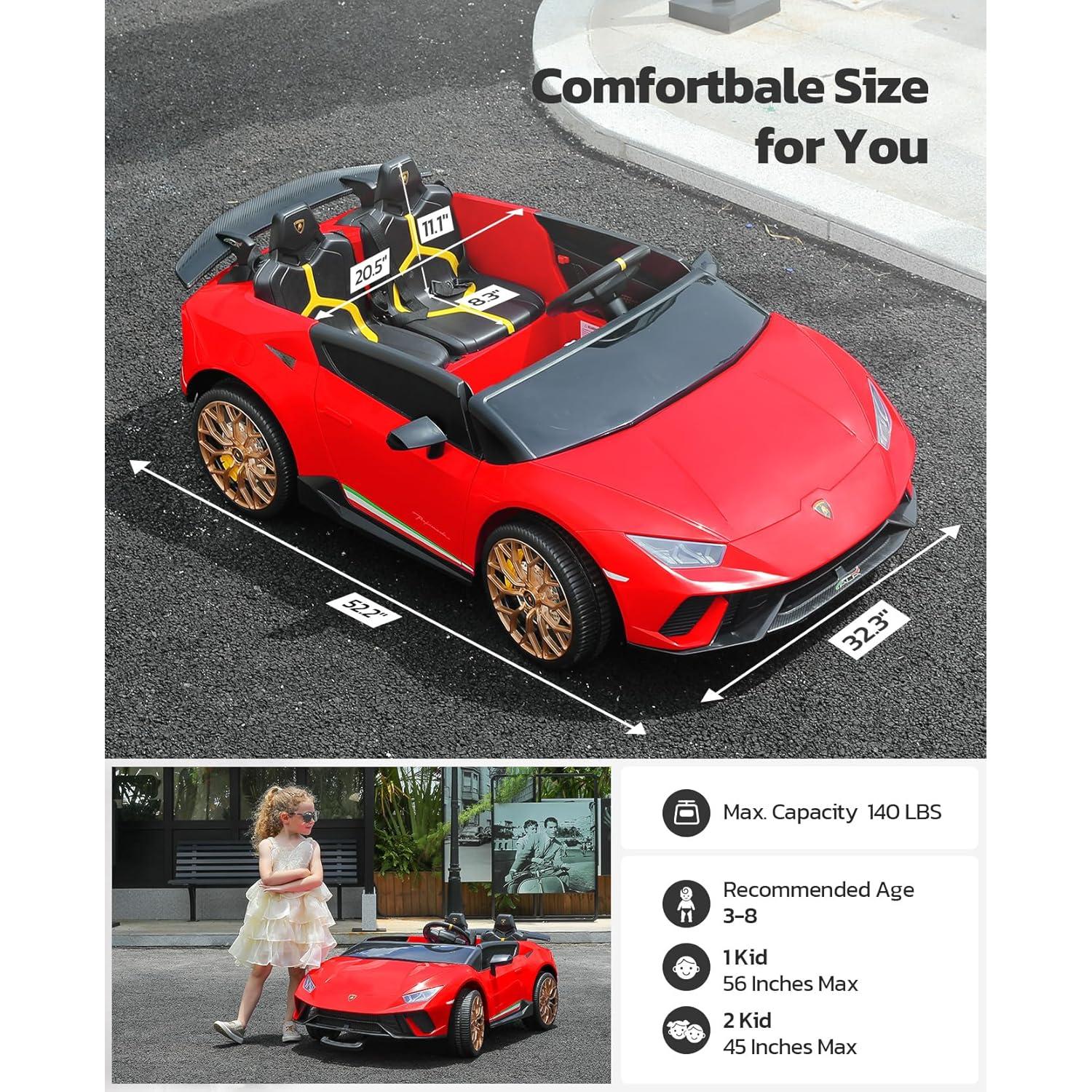 ELEMARA Lamborghini 2 Seater Ride on Car, 12V10Ah Big Cars for Kids to Drive, 4.0 mph, Max 130lbs Electric Kids Car with Remote, 3 Speeds, Bluetooth, LED Light, Kid Driving Car for Girls 3-8, Red