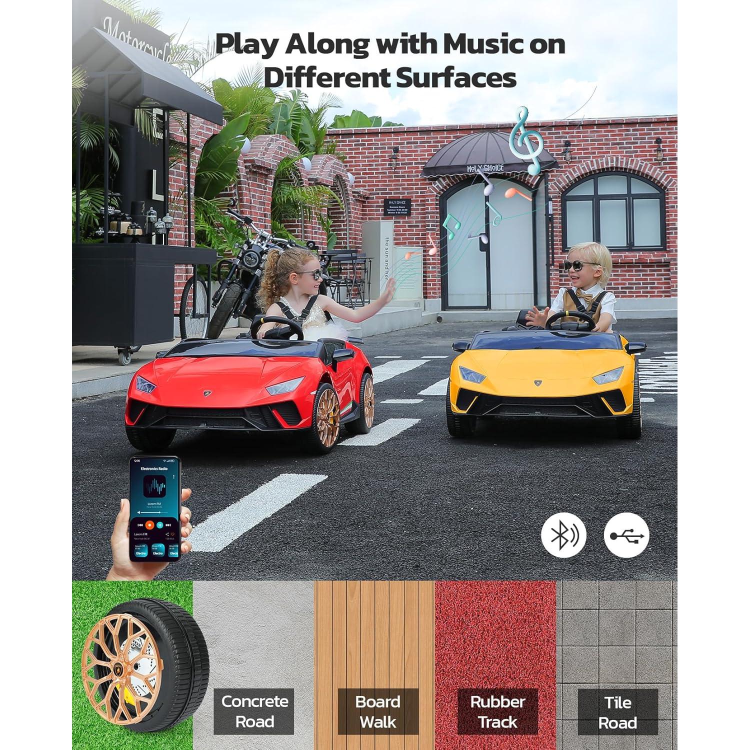 ELEMARA Lamborghini 2 Seater Ride on Car, 12V10Ah Big Cars for Kids to Drive, 4.0 mph, Max 130lbs Electric Kids Car with Remote, 3 Speeds, Bluetooth, LED Light, Kid Driving Car for Girls 3-8, Red