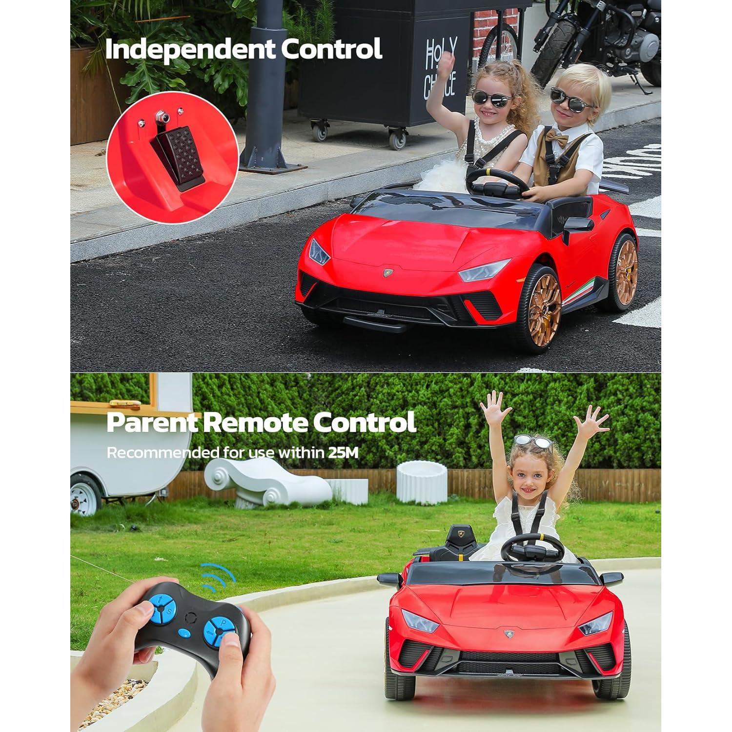 ELEMARA Lamborghini 2 Seater Ride on Car, 12V10Ah Big Cars for Kids to Drive, 4.0 mph, Max 130lbs Electric Kids Car with Remote, 3 Speeds, Bluetooth, LED Light, Kid Driving Car for Girls 3-8, Red