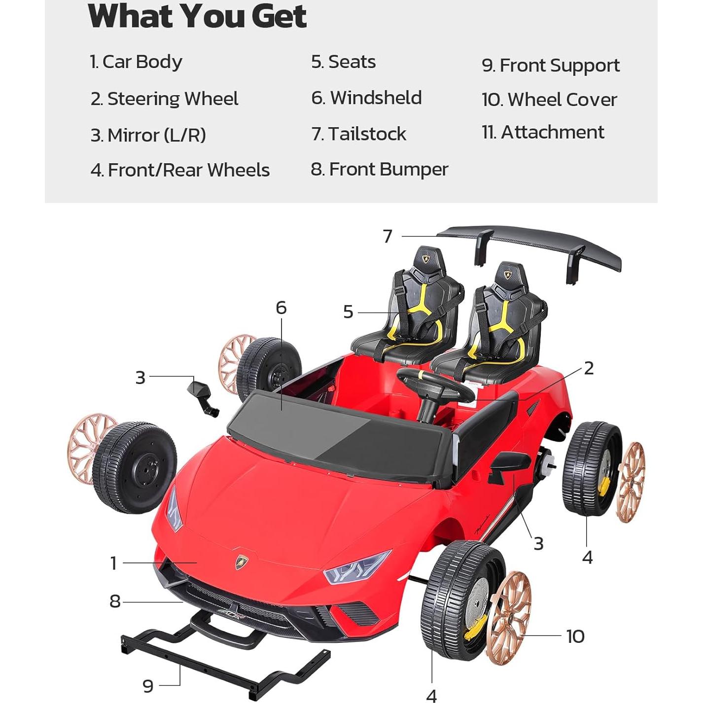 ELEMARA Lamborghini 2 Seater Ride on Car, 12V10Ah Big Cars for Kids to Drive, 4.0 mph, Max 130lbs Electric Kids Car with Remote, 3 Speeds, Bluetooth, LED Light, Kid Driving Car for Girls 3-8, Red