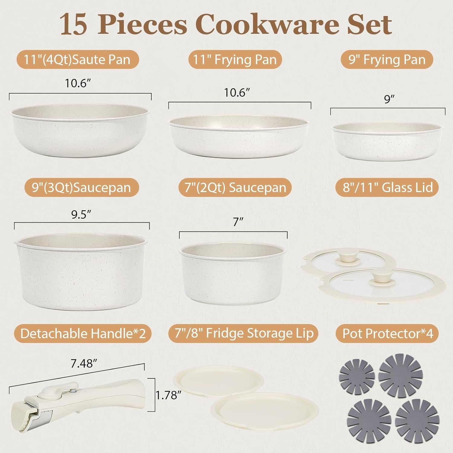 Juego de 15 Piezas de Ollas SODAY Antiadherentes Blancas