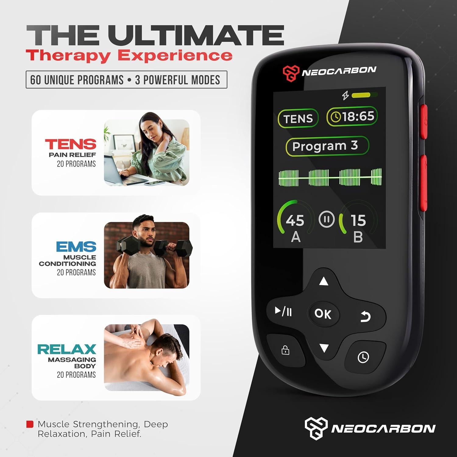 Estimulador Muscular TENS EMS Neocarbon, Alivio Dolor, Negro