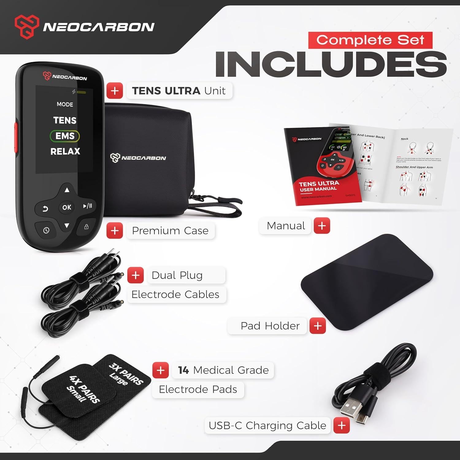 Estimulador Muscular TENS EMS Neocarbon, Alivio Dolor, Negro