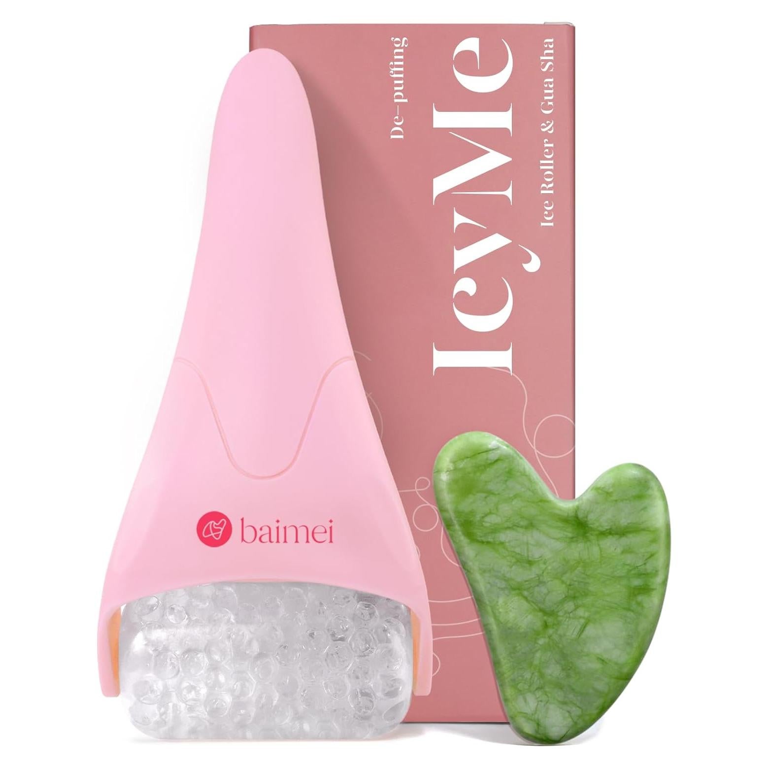 Rodillo de Hielo Facial BAIMEI Rosa + Gua Sha + Cuidado Piel