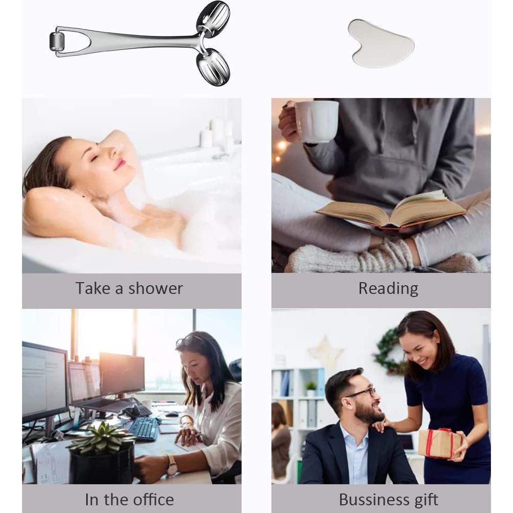 Conjunto Gua Sha y Rodillo Facial Yeamon Acero Inoxidable