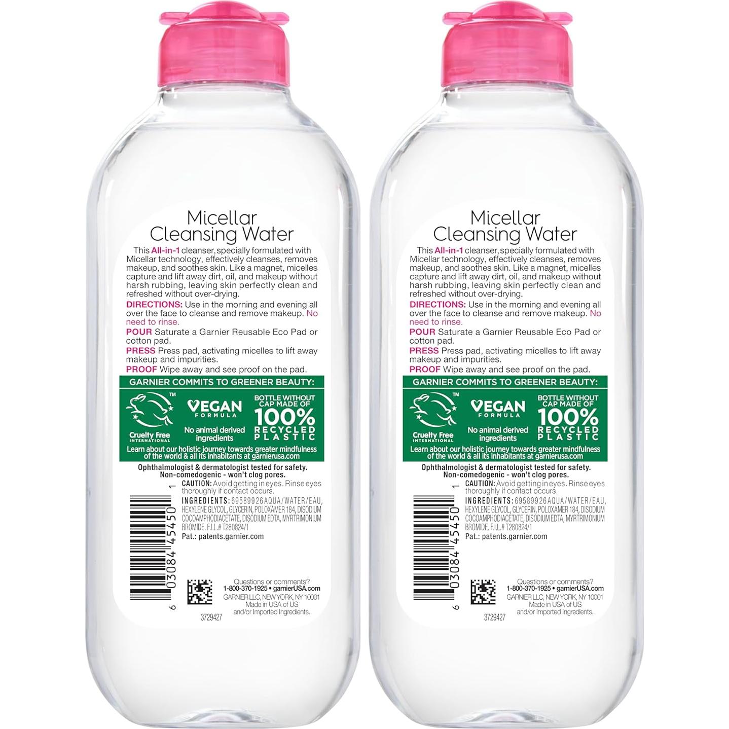 Agua Micelar Garnier 400ml, Limpiador Facial Vegano, 2 Unidades