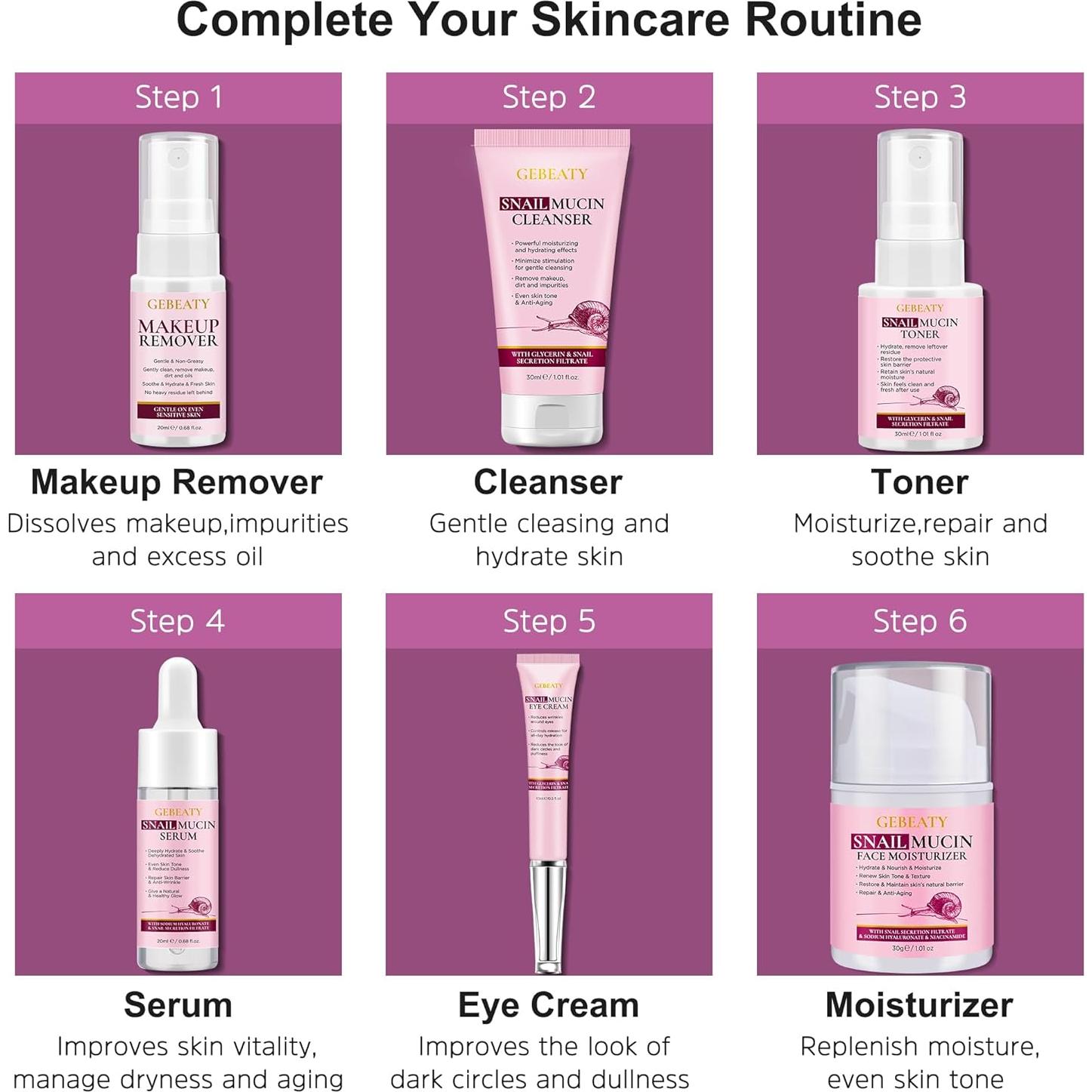 Set de Cuidado Facial GEBEATY 6 Piezas Mucina de Caracol