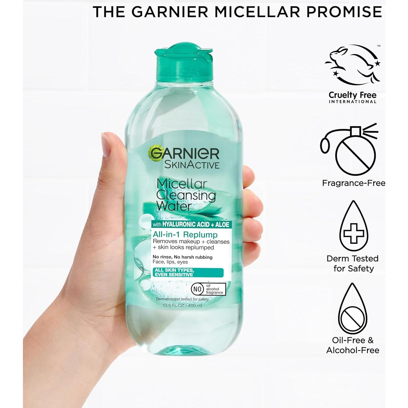 Agua Micelar Garnier 400ml con Ácido Hialurónico - Limpiador Facial