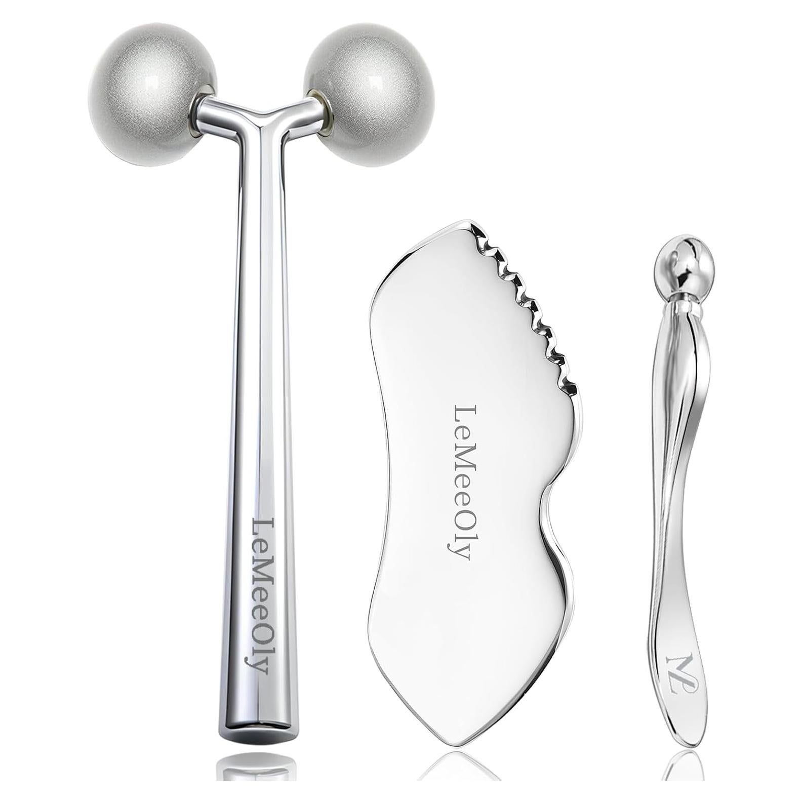 Rodillo Facial LeMeeOly + Gua Sha Acero Inoxidable 3 en 1