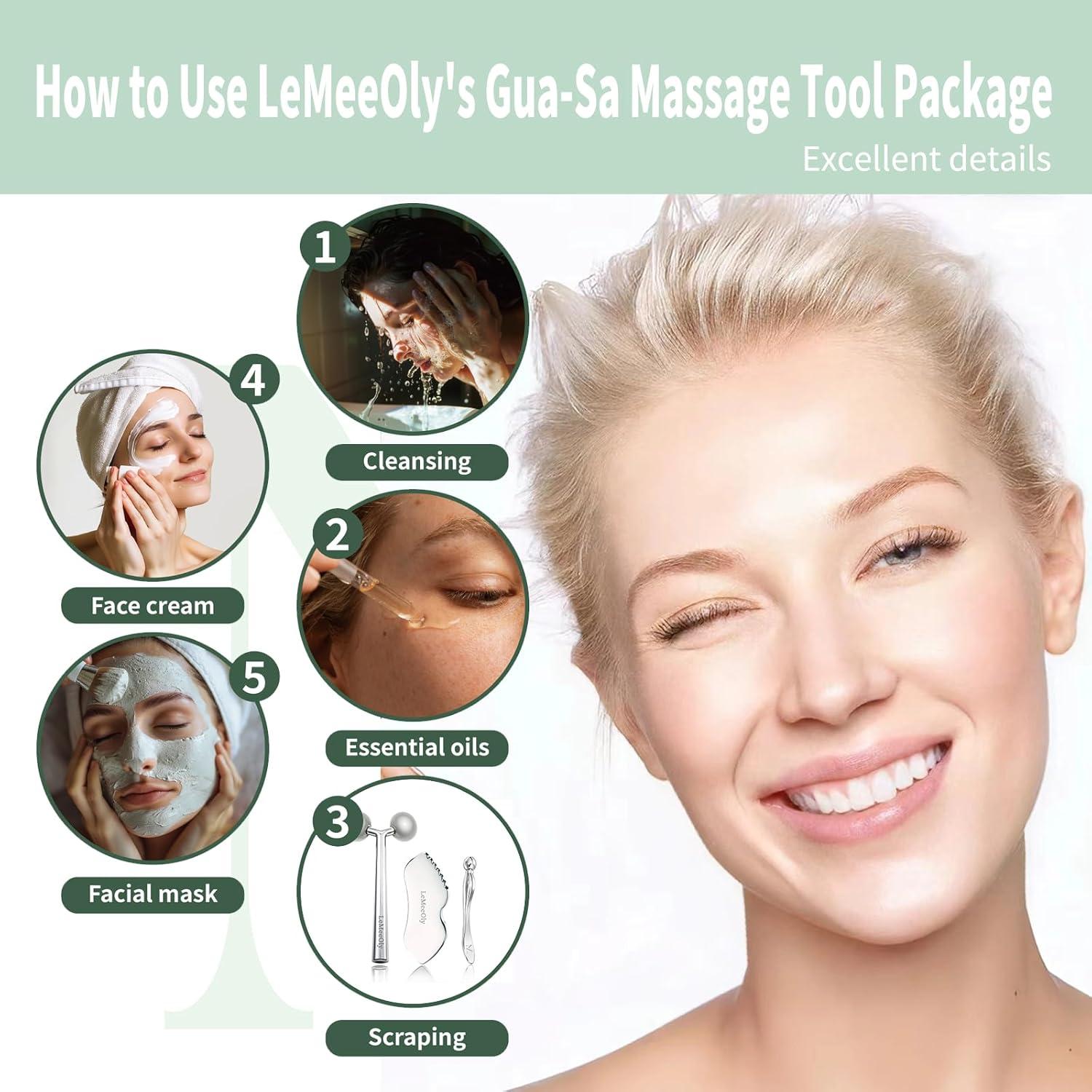 Rodillo Facial LeMeeOly + Gua Sha Acero Inoxidable 3 en 1