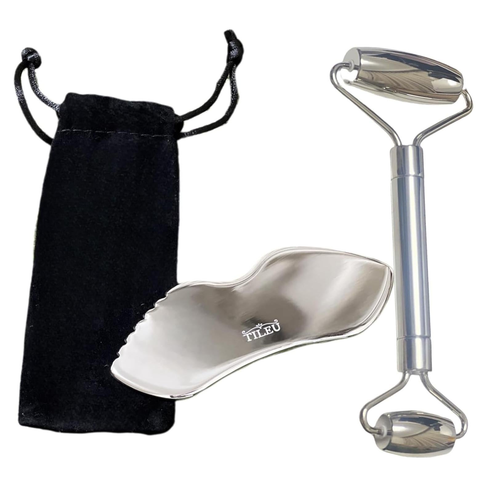 Rodillo Facial TILEU + Gua Sha Acero Inoxidable 2 Piezas