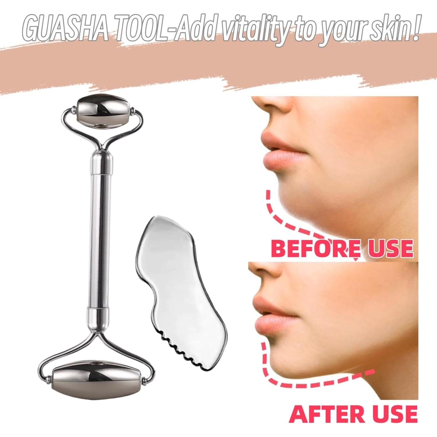 Rodillo Facial TILEU + Gua Sha Acero Inoxidable 2 Piezas