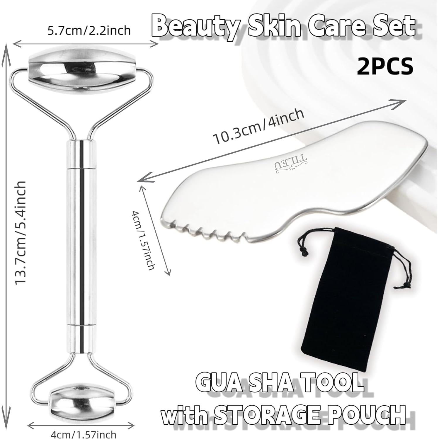 Rodillo Facial TILEU + Gua Sha Acero Inoxidable 2 Piezas