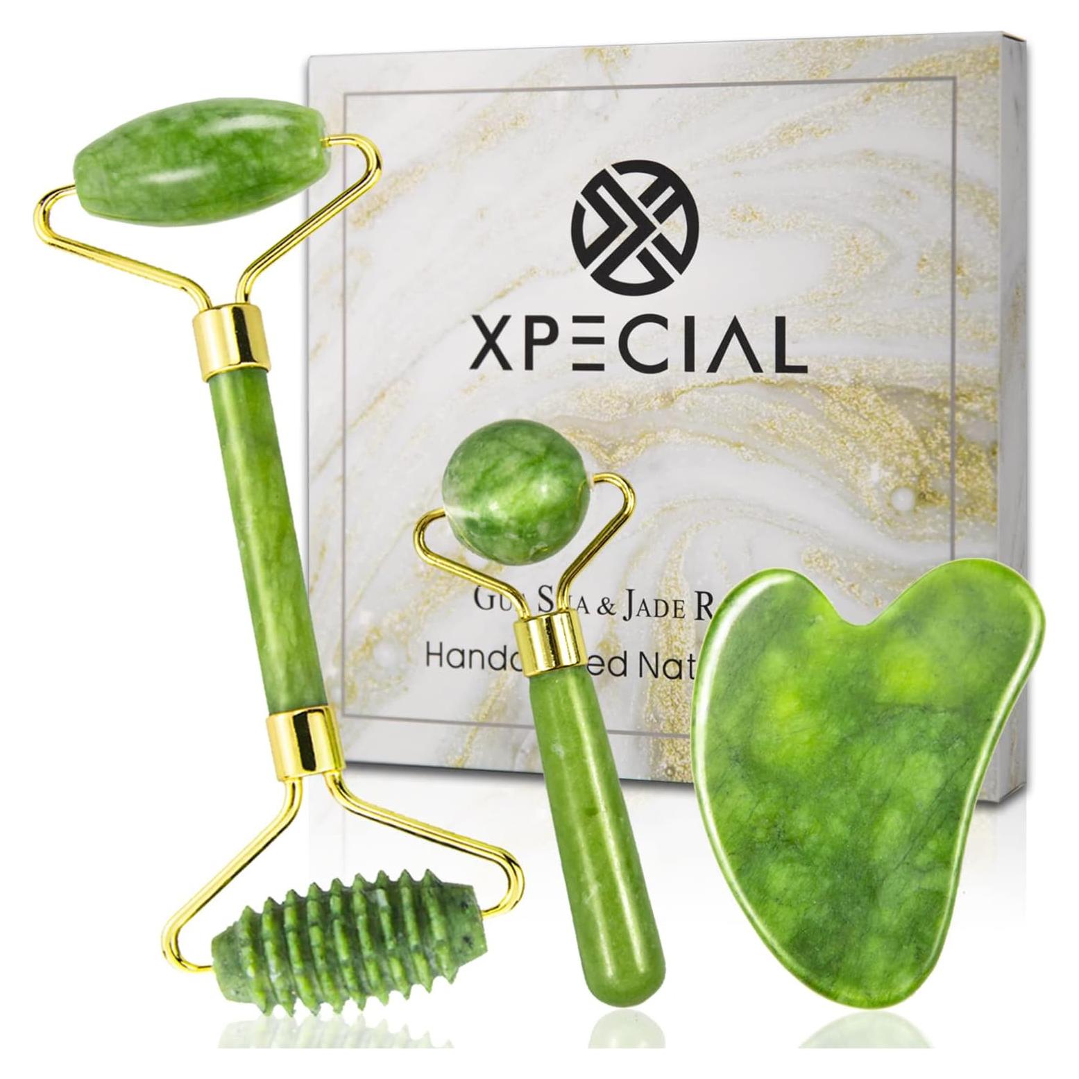 Set Gua Sha y Rodillo de Jade XPECIAL 3 Piezas Facial