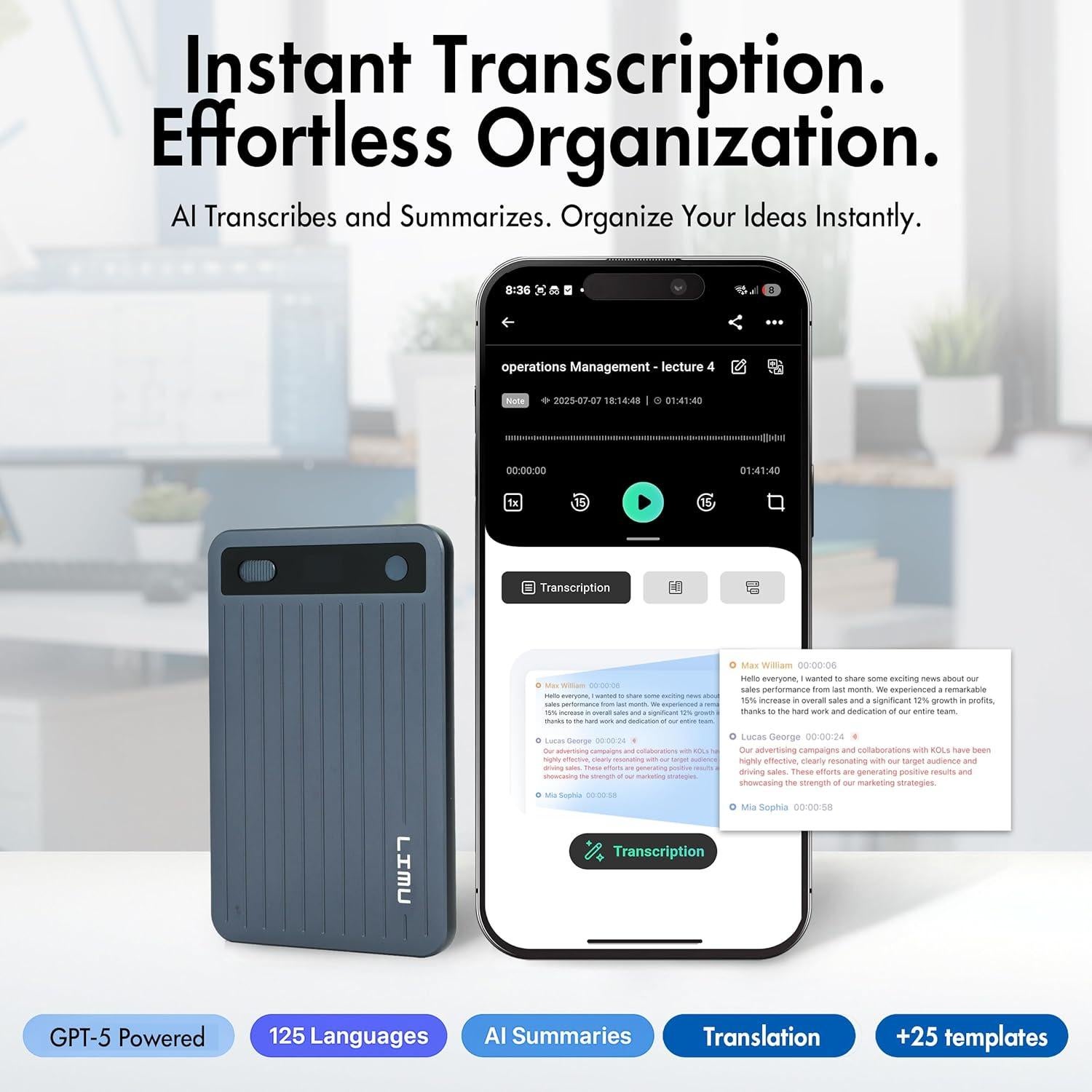 Grabadora de Voz LIMU AI Pro Max - 60h Batería, 64GB