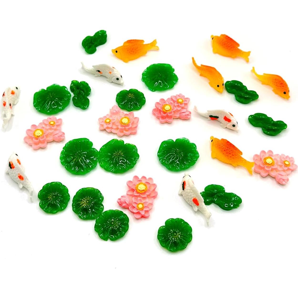 30 Piezas Miniaturas de Loto y Koi de Resina para Jardín