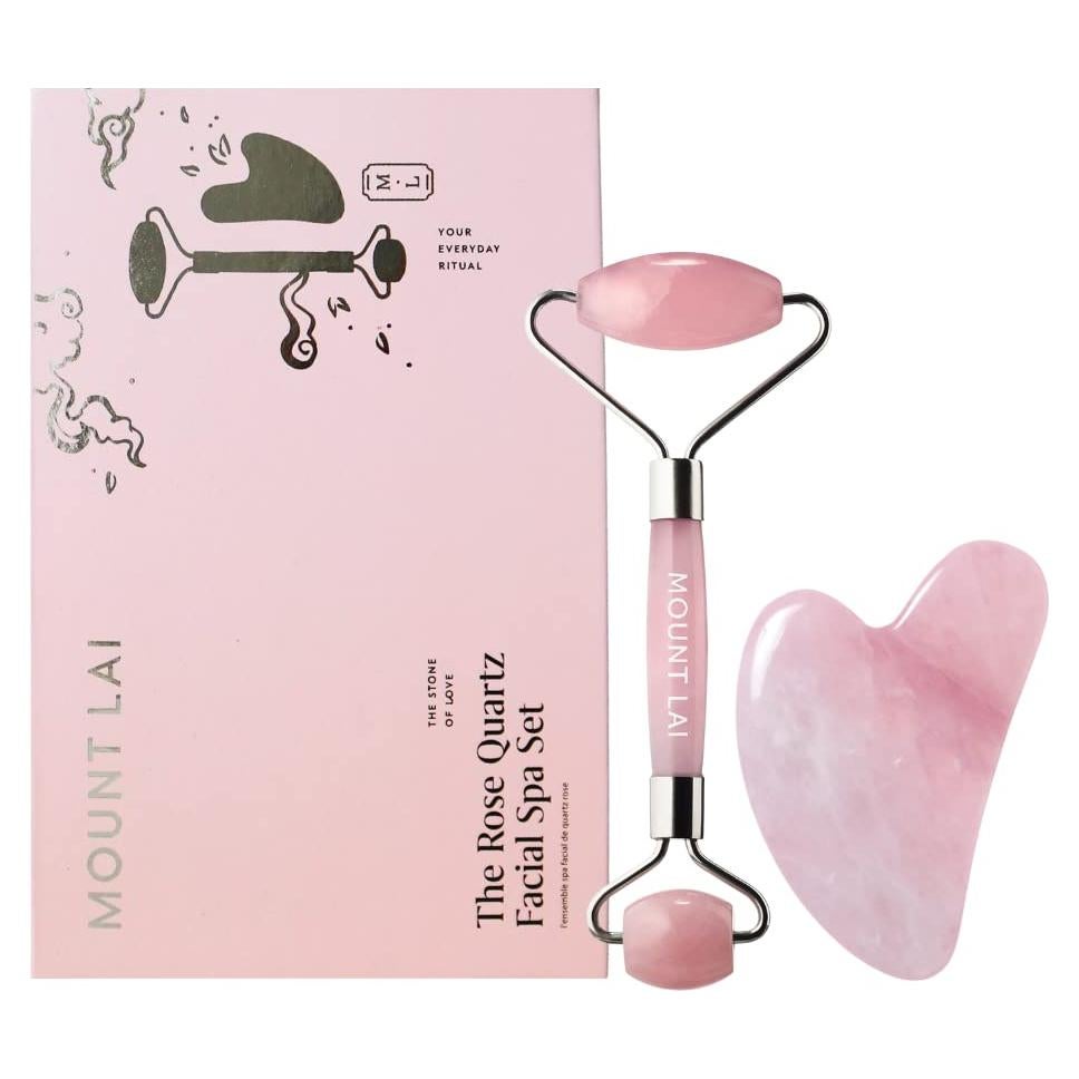 Conjunto Spa Facial Mount Lai Cuarzo Rosa Gua Sha y Rodillo