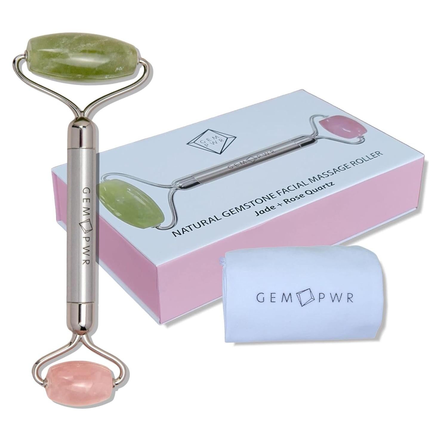 Rodillo Facial Doble Jade + Cuarzo Rosa GEM PWR 2 en 1