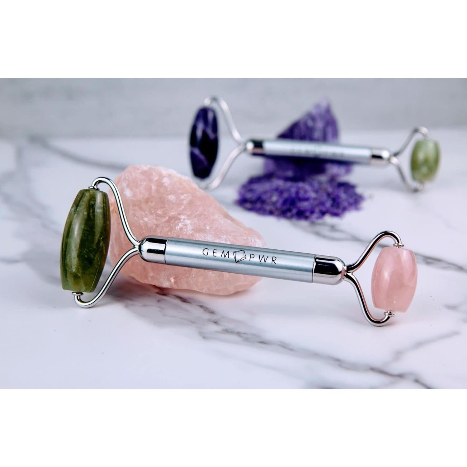 Rodillo Facial Doble Jade + Cuarzo Rosa GEM PWR 2 en 1