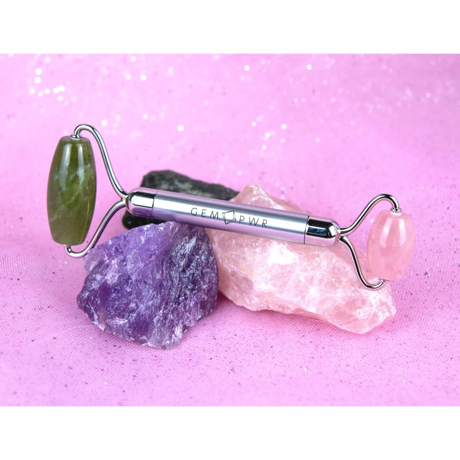 Rodillo Facial Doble Jade + Cuarzo Rosa GEM PWR 2 en 1