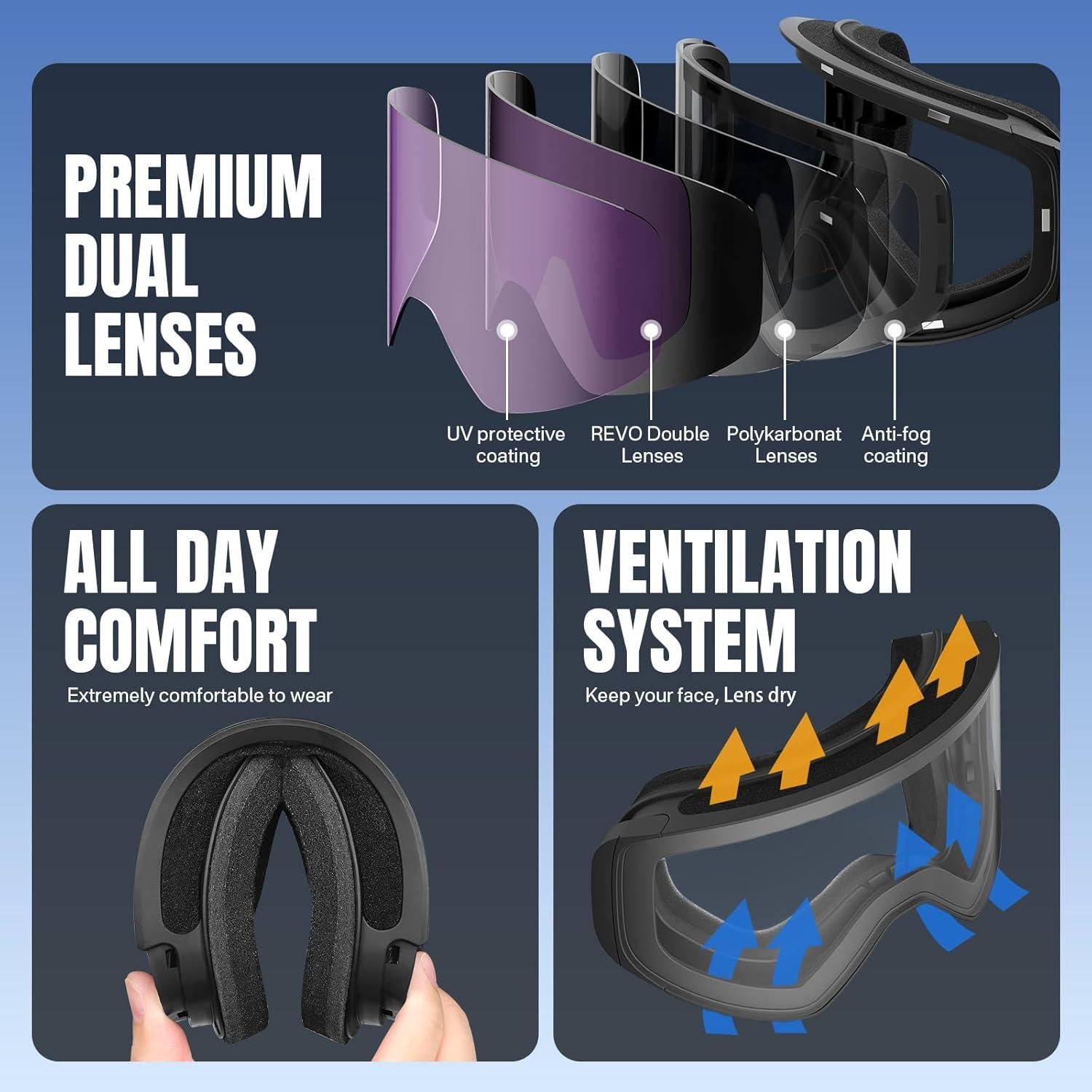 Gafas de Esquí YOZISS Yz-skigo Antivaho con Lentes Intercambiables