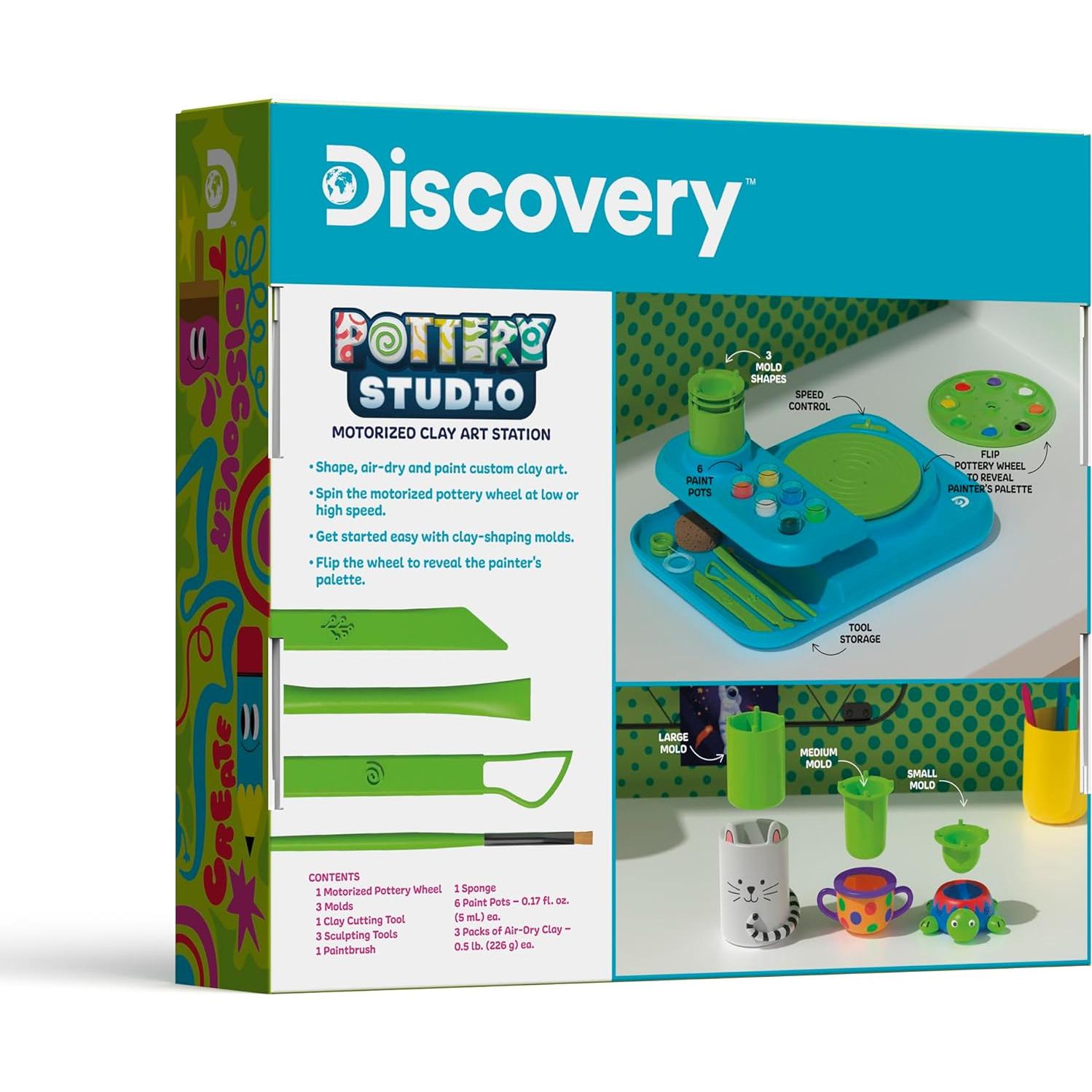 Discovery™ Pottery Studio Motorized Clay Art Station – Complete Set with Pottery Wheel, 3 Molds, Tools, Paints, & Air-Dry Clay for Kids| Arts and Crafts Toy for Boys Girls| Art Supplies Activity Kit