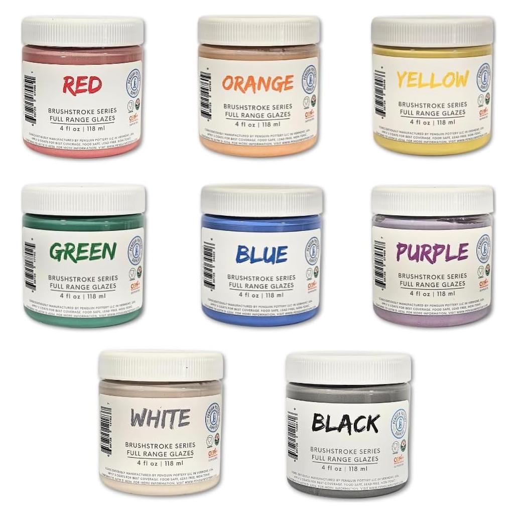 Penguin Pottery - Brushstroke Series - Variety Set of Wonderful Vibrant Glaze Colors - Wide Firing Range - Fire to Low or High Temperatures - Low Fire to Mid Fire - Mix to Create More Colors