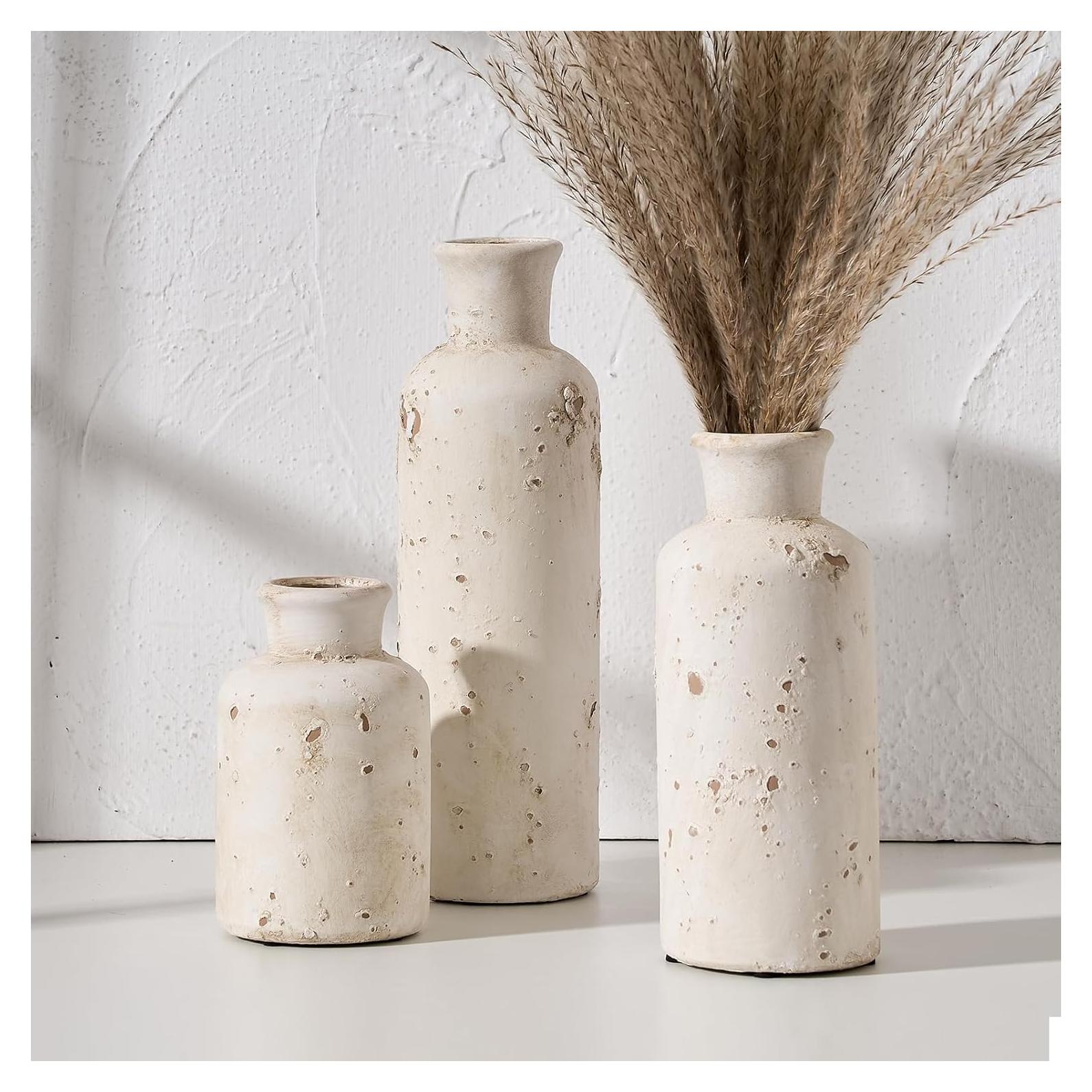 SIDUCAL Ceramic Rustic Farmhouse Vase Set of 3, Whitewashed Terracotta Vase, Clay Decorative Vases for Home Decor, Living Room, Shelf, Mantel Decoration(Rustic White)