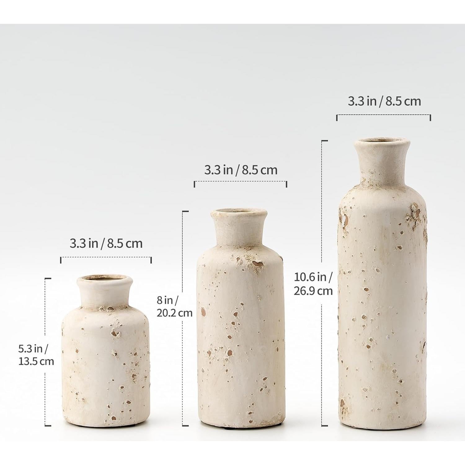 SIDUCAL Ceramic Rustic Farmhouse Vase Set of 3, Whitewashed Terracotta Vase, Clay Decorative Vases for Home Decor, Living Room, Shelf, Mantel Decoration(Rustic White)