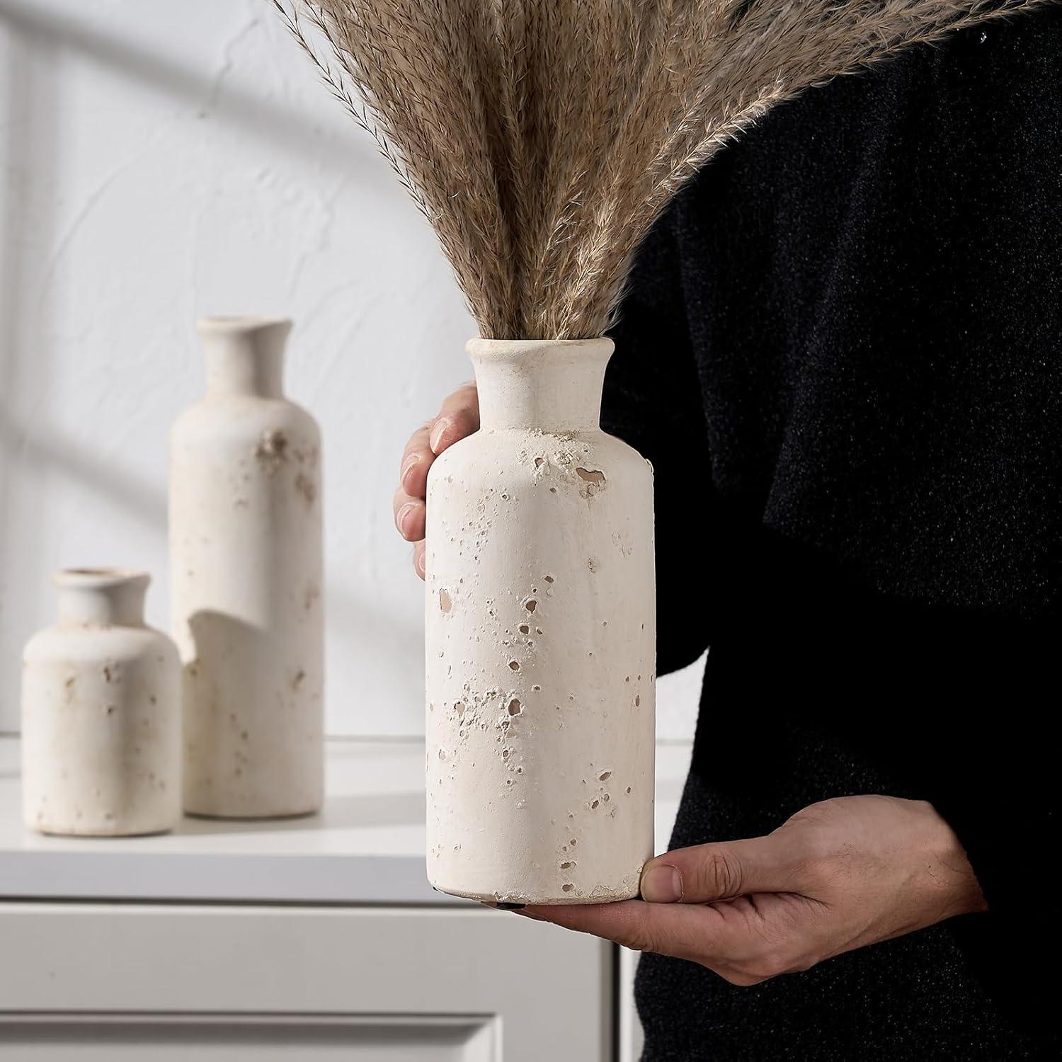 SIDUCAL Ceramic Rustic Farmhouse Vase Set of 3, Whitewashed Terracotta Vase, Clay Decorative Vases for Home Decor, Living Room, Shelf, Mantel Decoration(Rustic White)