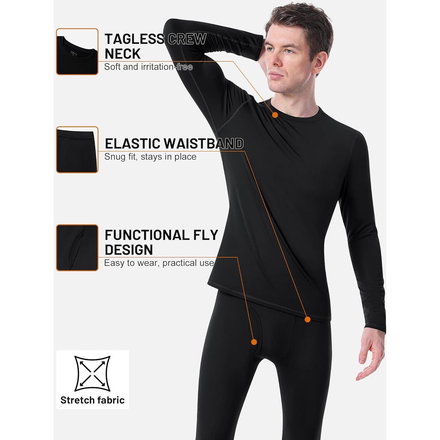 Conjunto de Ropa Interior Térmica para Hombres Runhit - Forro Polar, Grande, Negro