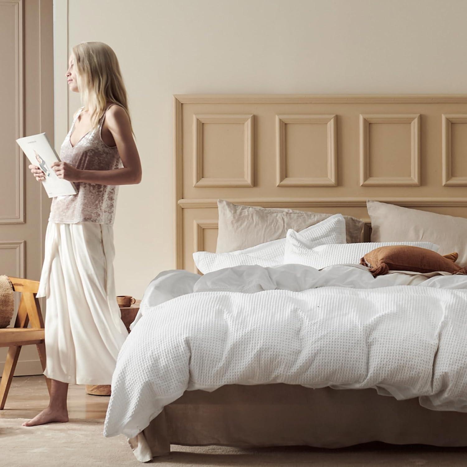 Funda de Edredón Bedsure Queen Algodón Waffle Blanco Coco