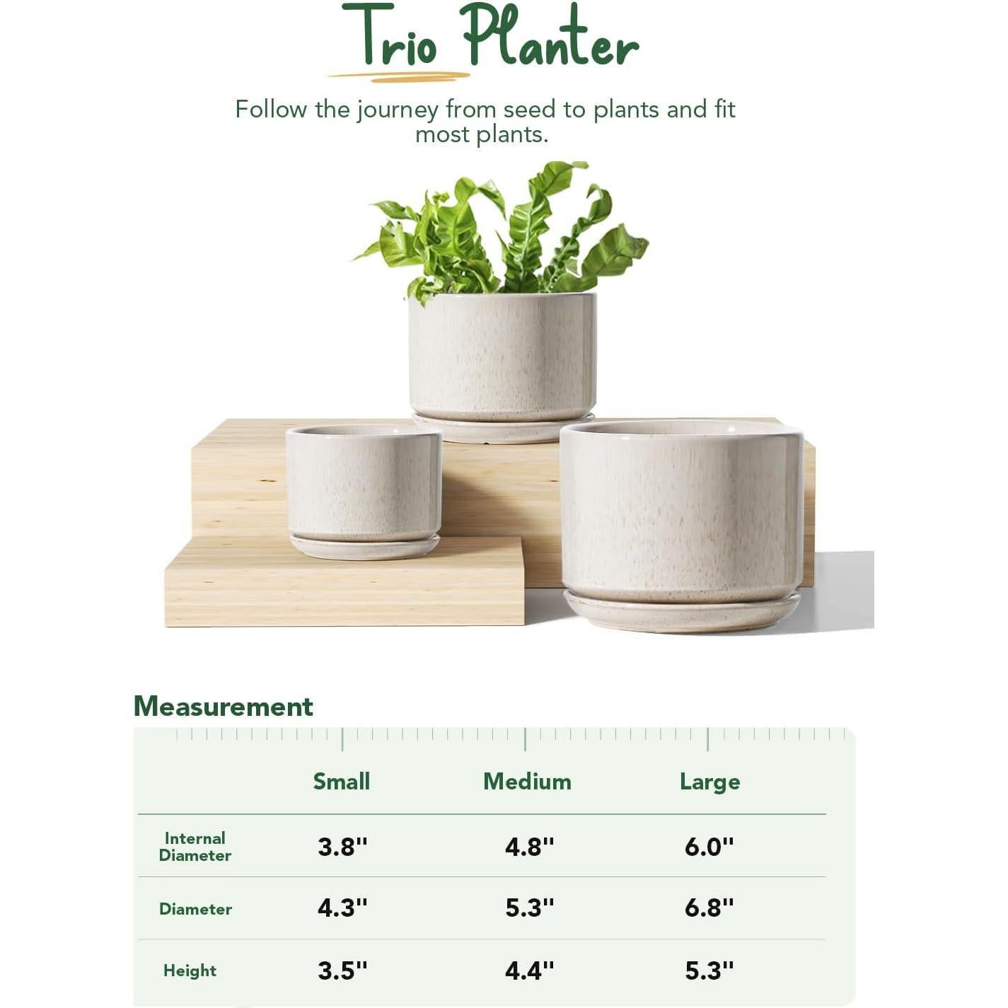 Macetas de Cerámica LE TAUCI Set de 3 con Drenaje Beige