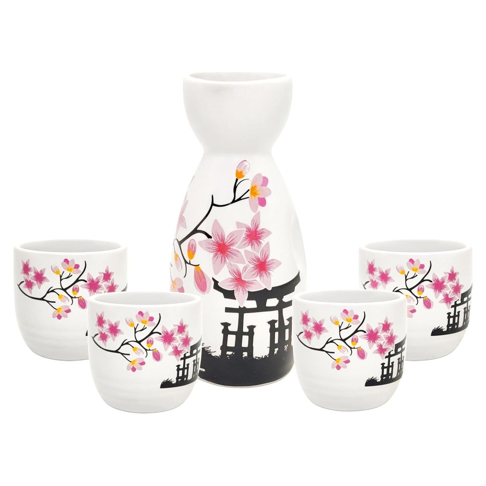 Juego de Sake 5 Piezas Artesanos Antiguos Cerámica Sakura